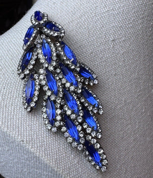 Vintage Blue Rhinestone Shoulder Brooch Articulated Dangle Spray Pin 3.5”