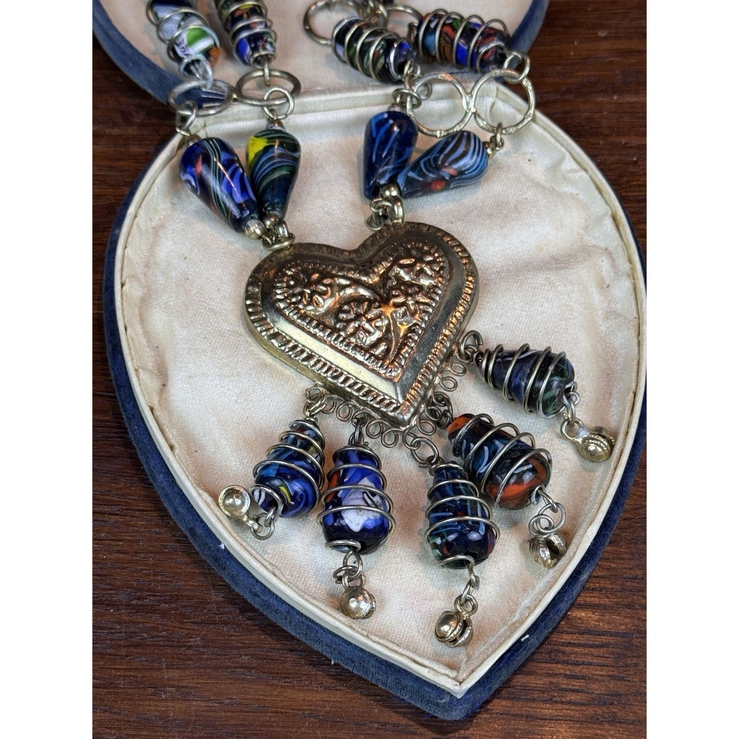 Millefiori Glass Necklace Double Strand Heart Pendant Artisan Statement 23.5”