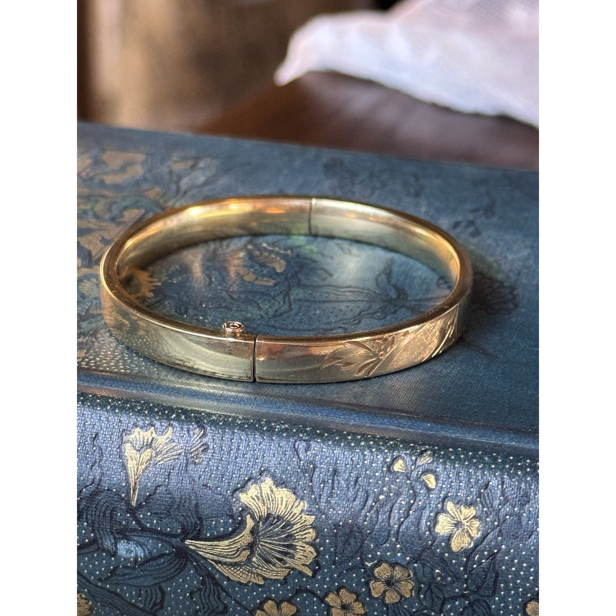 Gold-Filled Bangle Bracelet Engraved Leaf Design No Monogram Signed WEH GF 6.75”