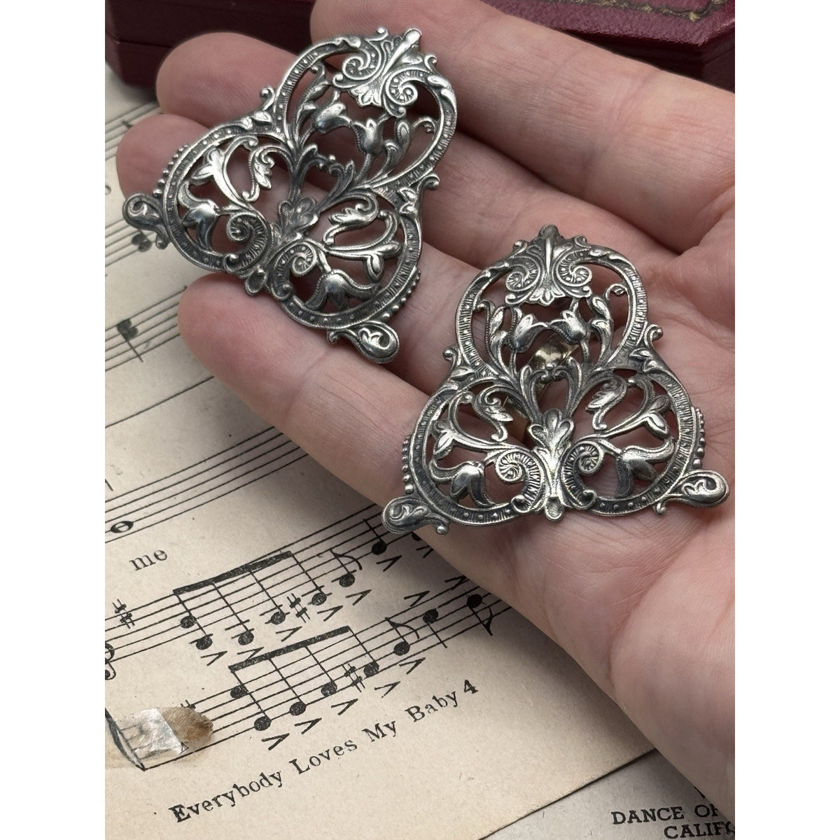 Large Silver Repoussé Earrings Antique Style Floral Scroll Post 1.75”