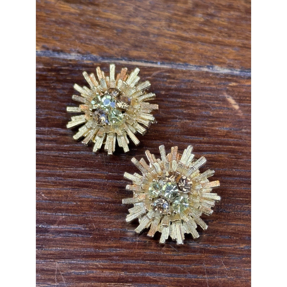 Vintage Clip Earrings Rhinestone Starburst Goldtone Green Brown .75”