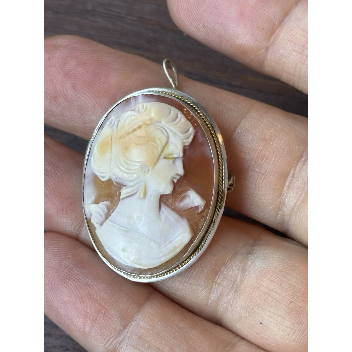 Vintage 800 Silver Shell Cameo Brooch Pendant Hand Carved Lady 1.25”