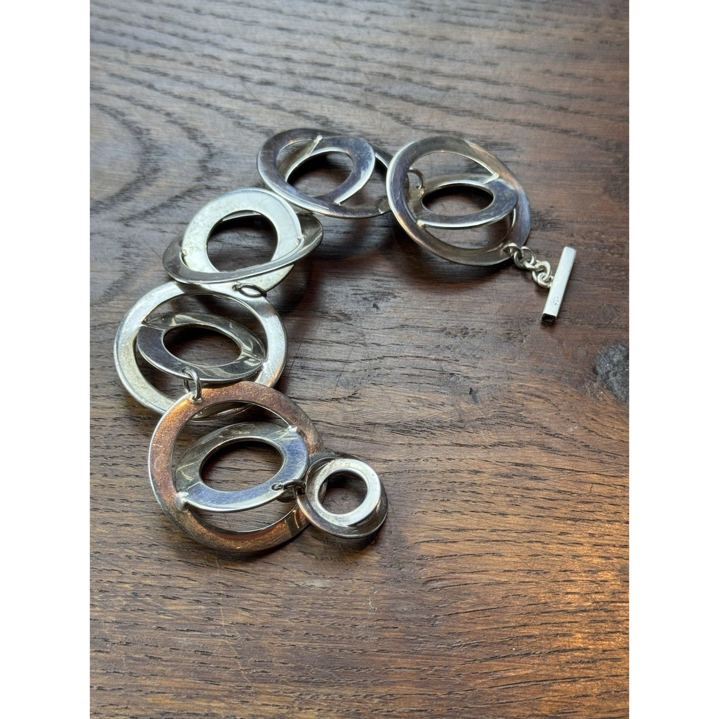 Sterling Silver Modernist Bracelet 6.25” Sculptural Circle Links Toggle 61.2g