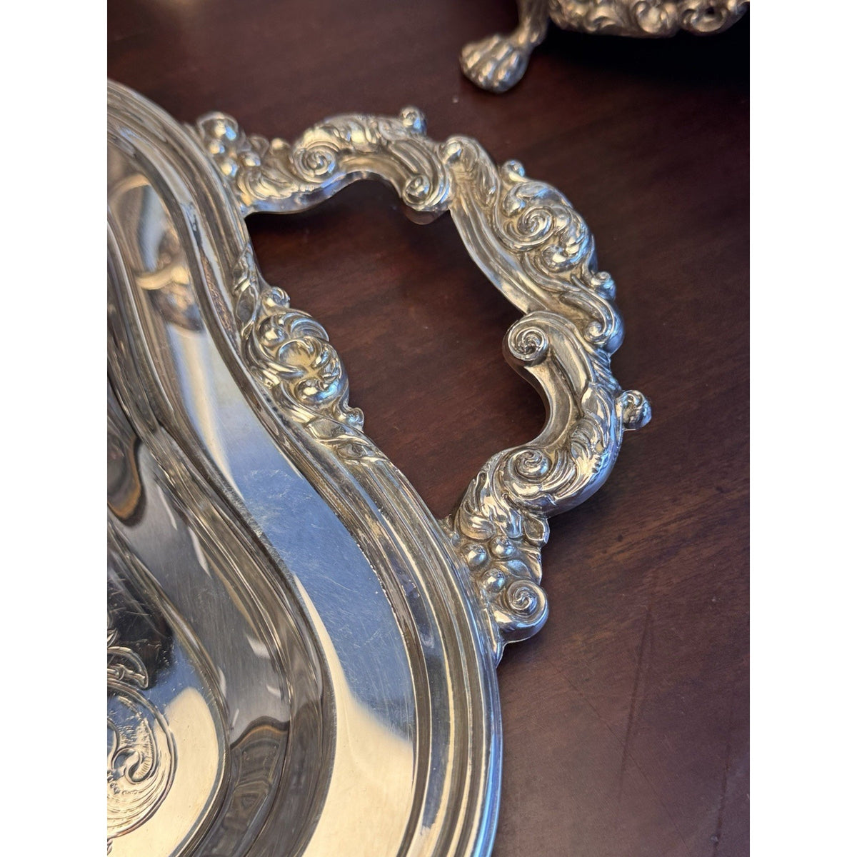 LARGE Silverplate Tray Sheffield Reproduction 31” Chased Ornate Handles