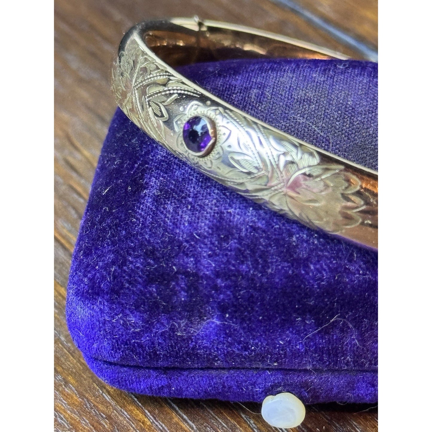 Antique EDWARDIAN Gold-Filled Bangle Bracelet Purple Stone Engraved Hinged 7.25”