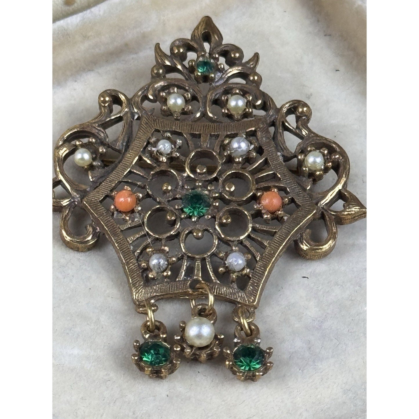 Vintage Jeweled Goldtone Brooch Faux Pearls Green Rhinestones Dangles 2.25”
