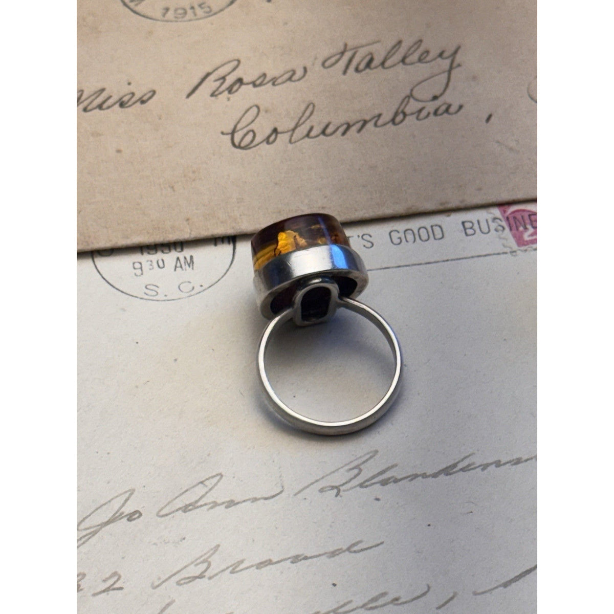 Artisan Amber Ring Tested Silver Modernist Statement Jewelry Size 8.5