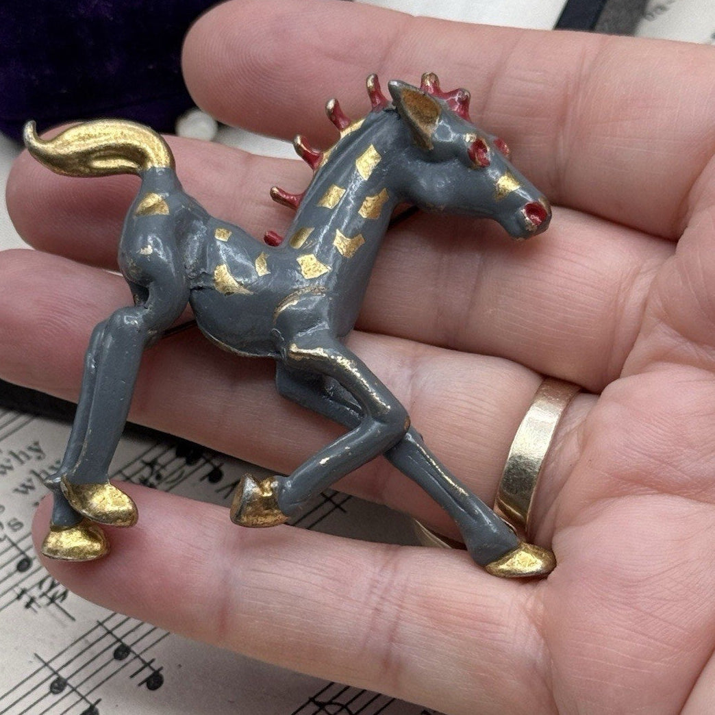 Vintage Horse Brooch Hand Painted Gray Red Gold Enameled Figural Equestrian