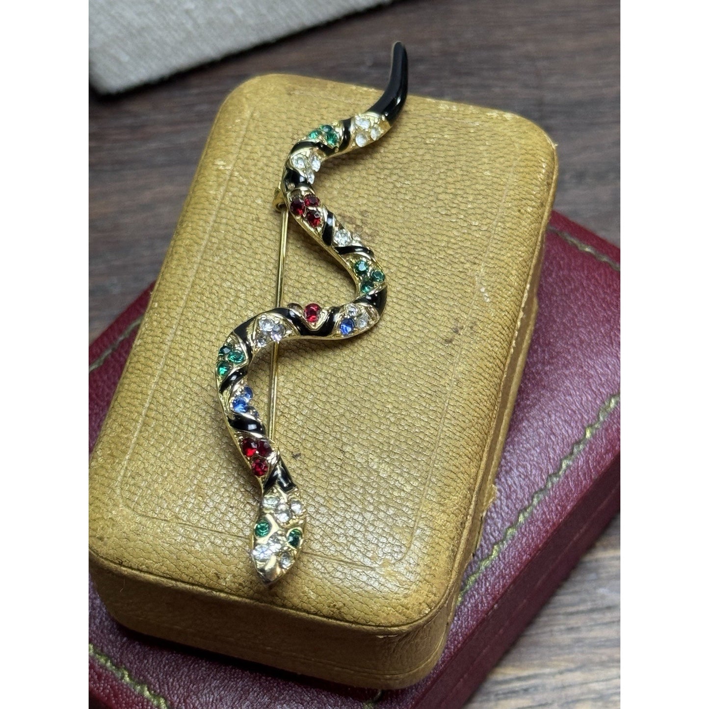 Vintage Serpent Brooch Victorian Revival Rhinestone Black Enamel Snake Pin 3.25”