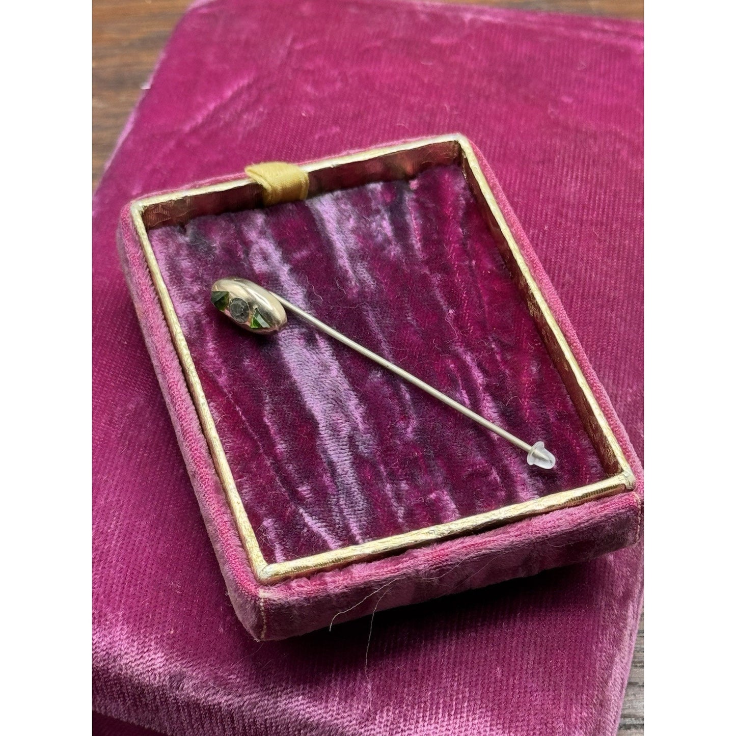 Vintage Gold Filled Stick Pin Green Clear Rhinestone Art Deco Style 2.5”