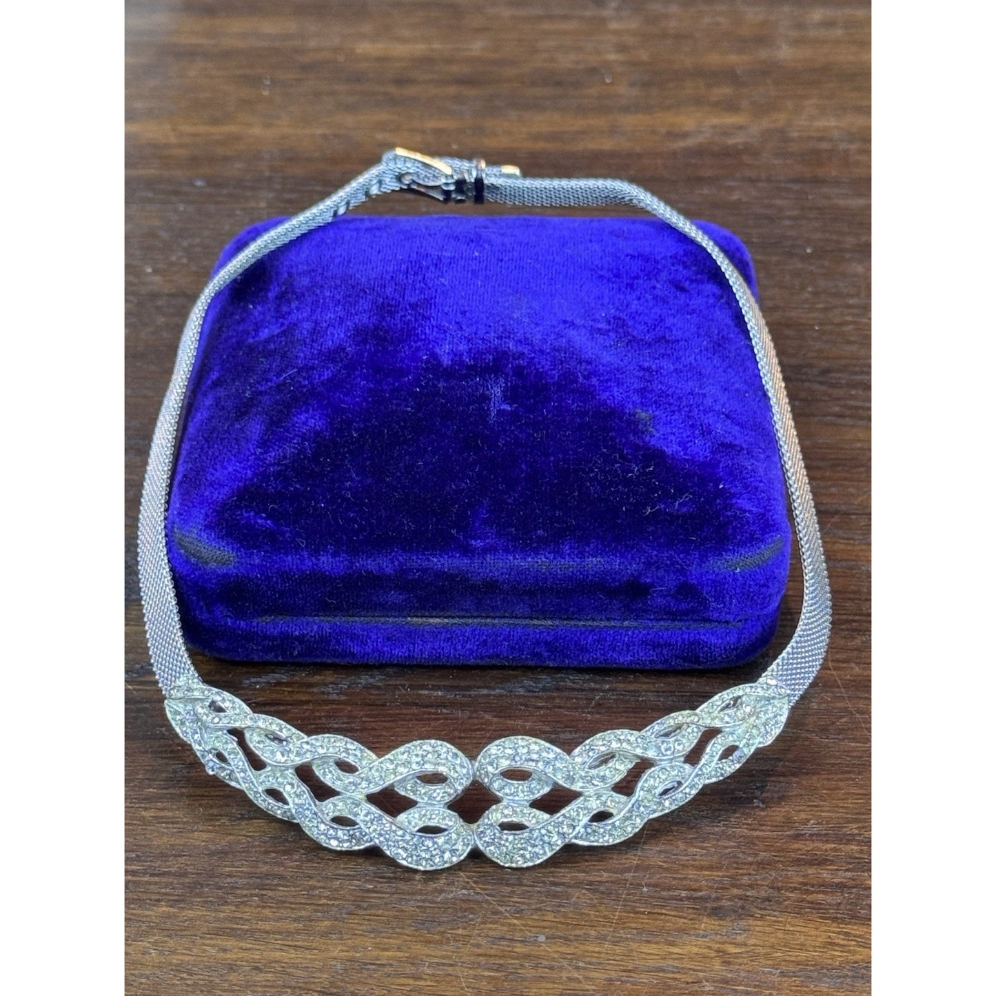 Vintage Rhinestone Collar Necklace Silvertone Mesh Art Deco Style Statement 14”