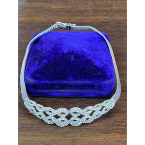 Vintage Rhinestone Collar Necklace Silvertone Mesh Art Deco Style Statement 14”