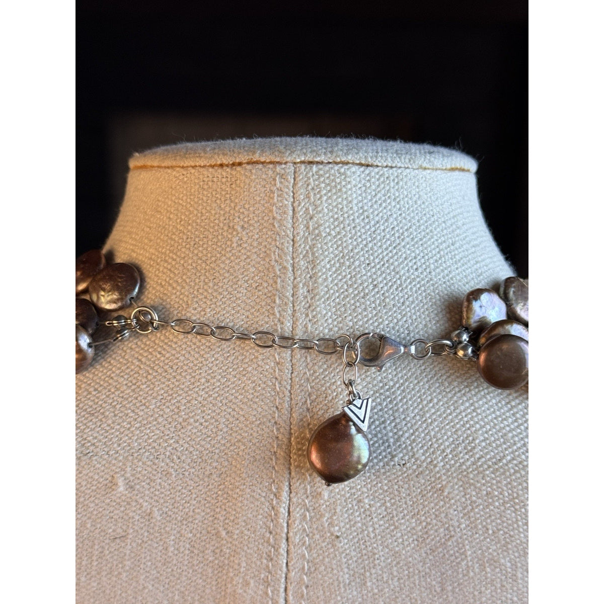 Silpada Bronze Coin Pearl Necklace 3 Strand Sterling Silver 11mm Extender 18”