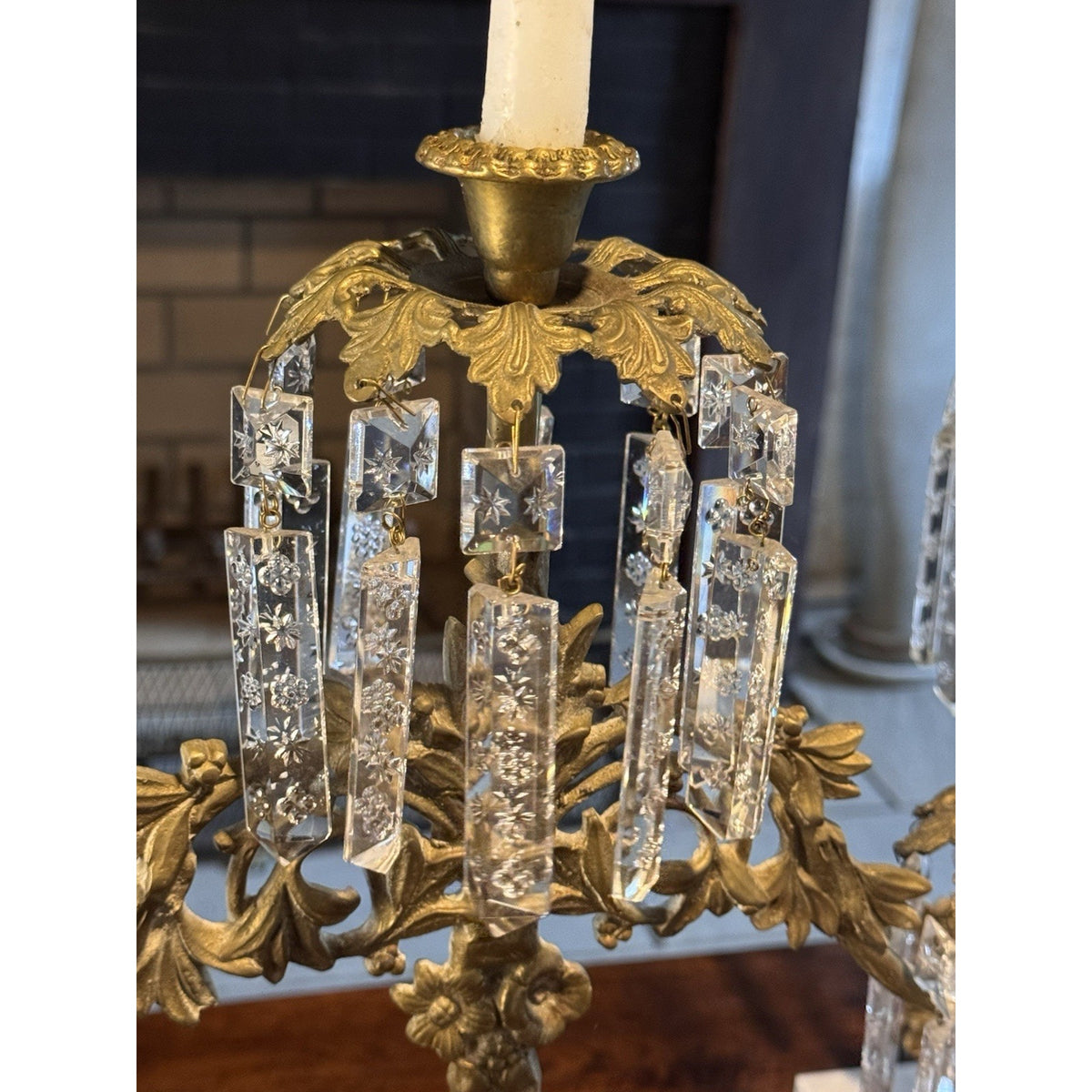 Girandole Candelabra Set Goldtone Floral Marble Crystal Prisms 3 Piece 18” 15.5”