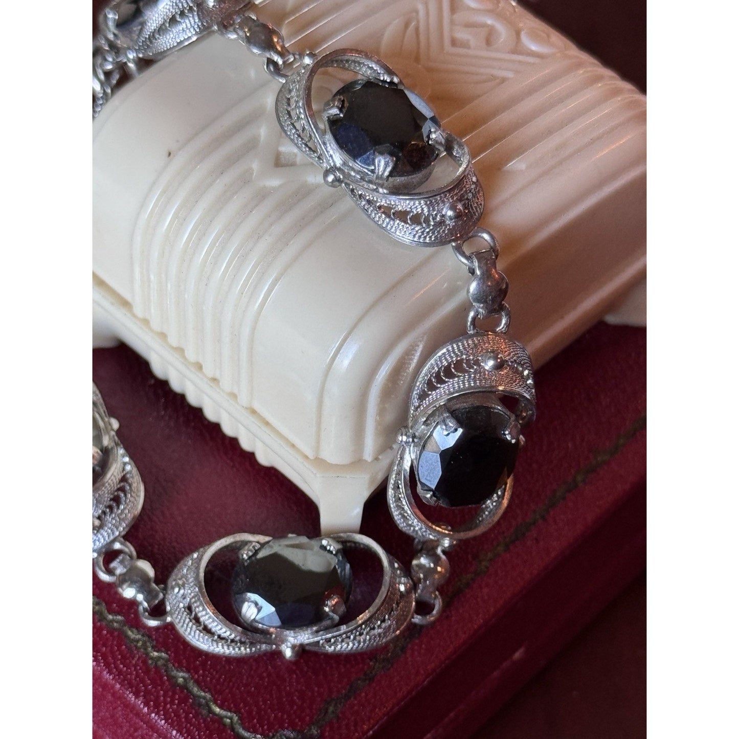 VINTAGE Bracelet Sterling Silver “Hematite” Filigree Link Vintage 7.75”