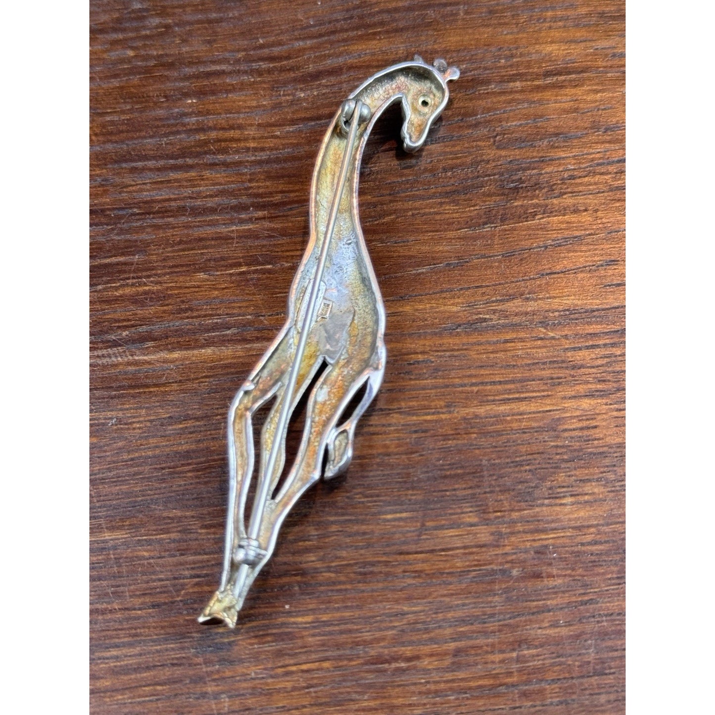 Vintage Sterling Silver 14K Gold Giraffe Brooch Green Eye Figural 3.75”