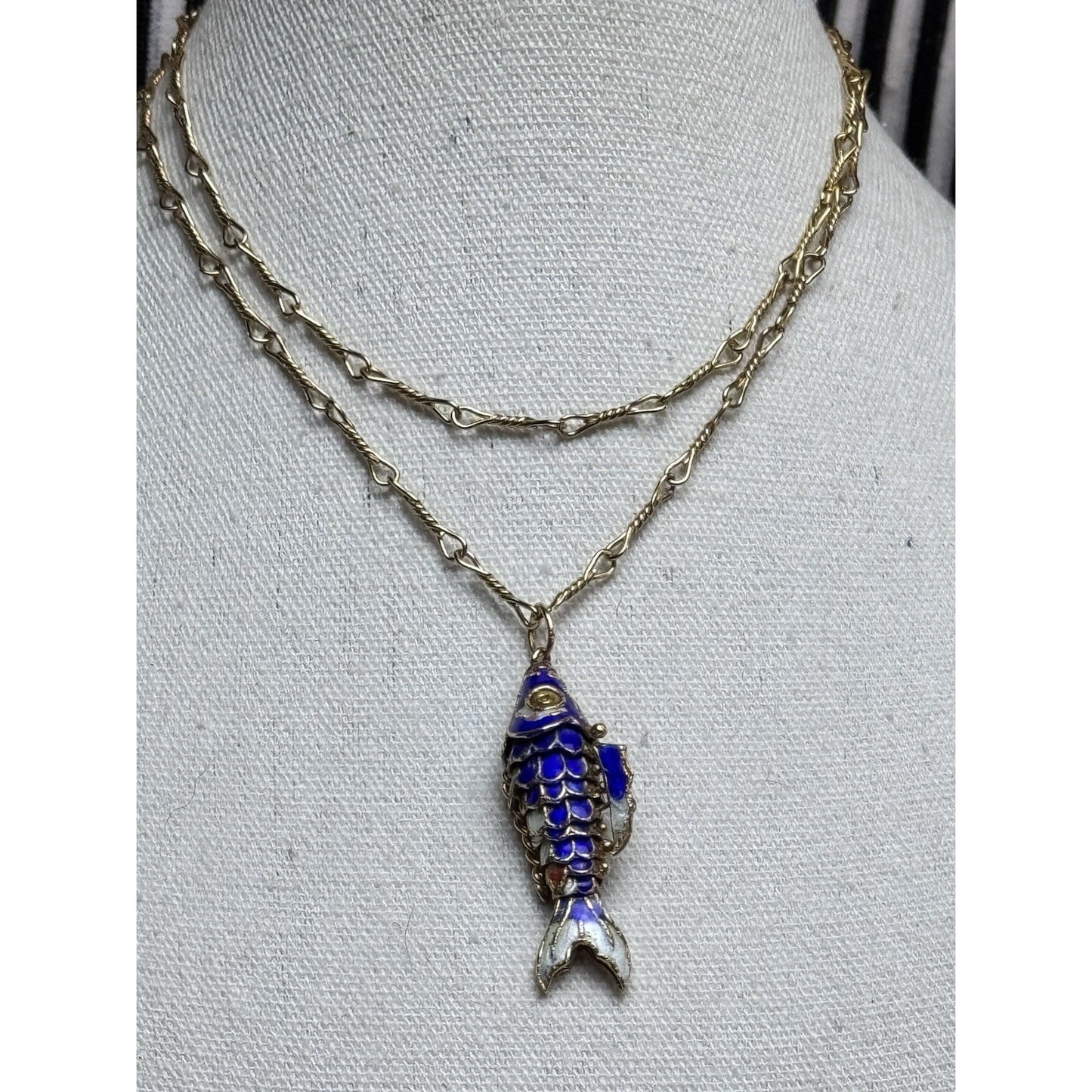Articulated Koi Fish Pendant Necklace Blue Enamel Goldtone 28” Monet Chain