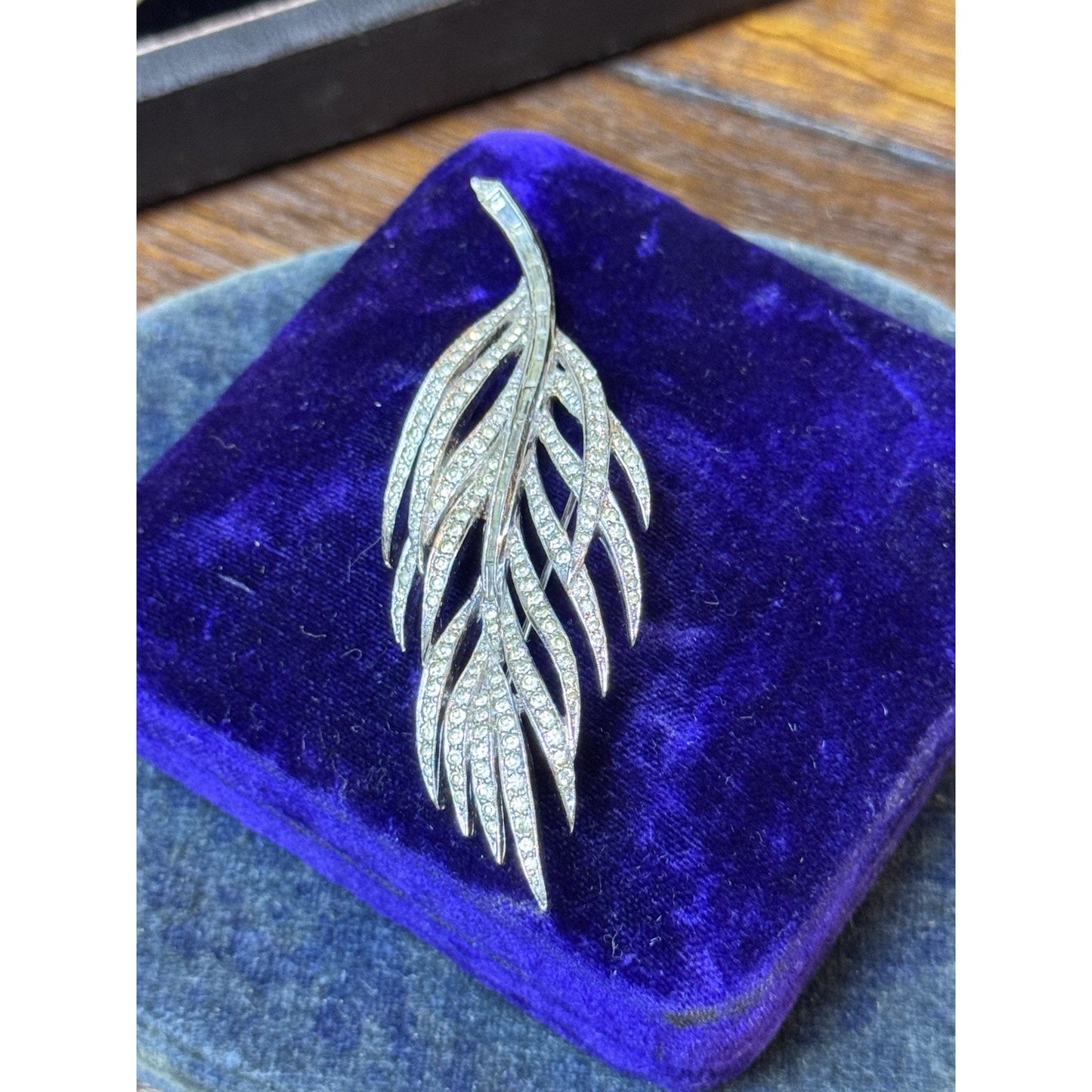 Vintage Panetta Rhinestone Feather Brooch Silver Tone Signed Designer Pin 3.5”