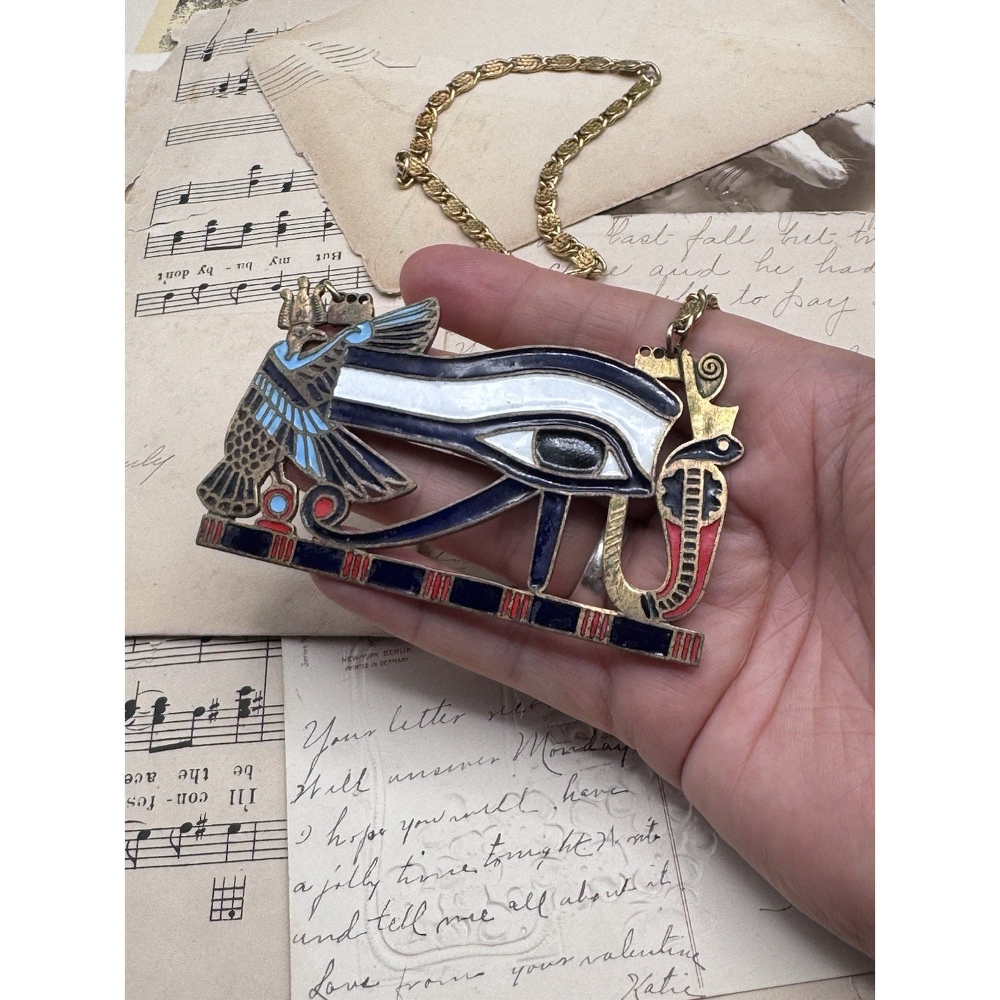 Vintage Egyptian Revival Eye of Horus Enamel Brass Statement Necklace 24”
