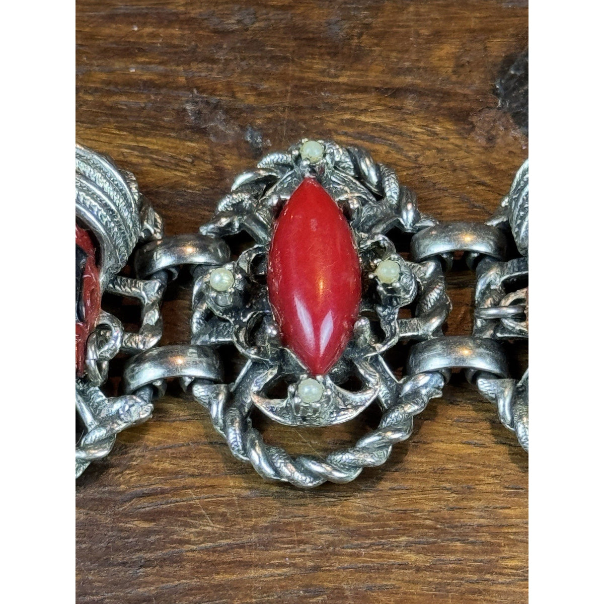 Vintage Selro Selini Bracelet Asian Princess Red Cabochon Faux Pearl 6”