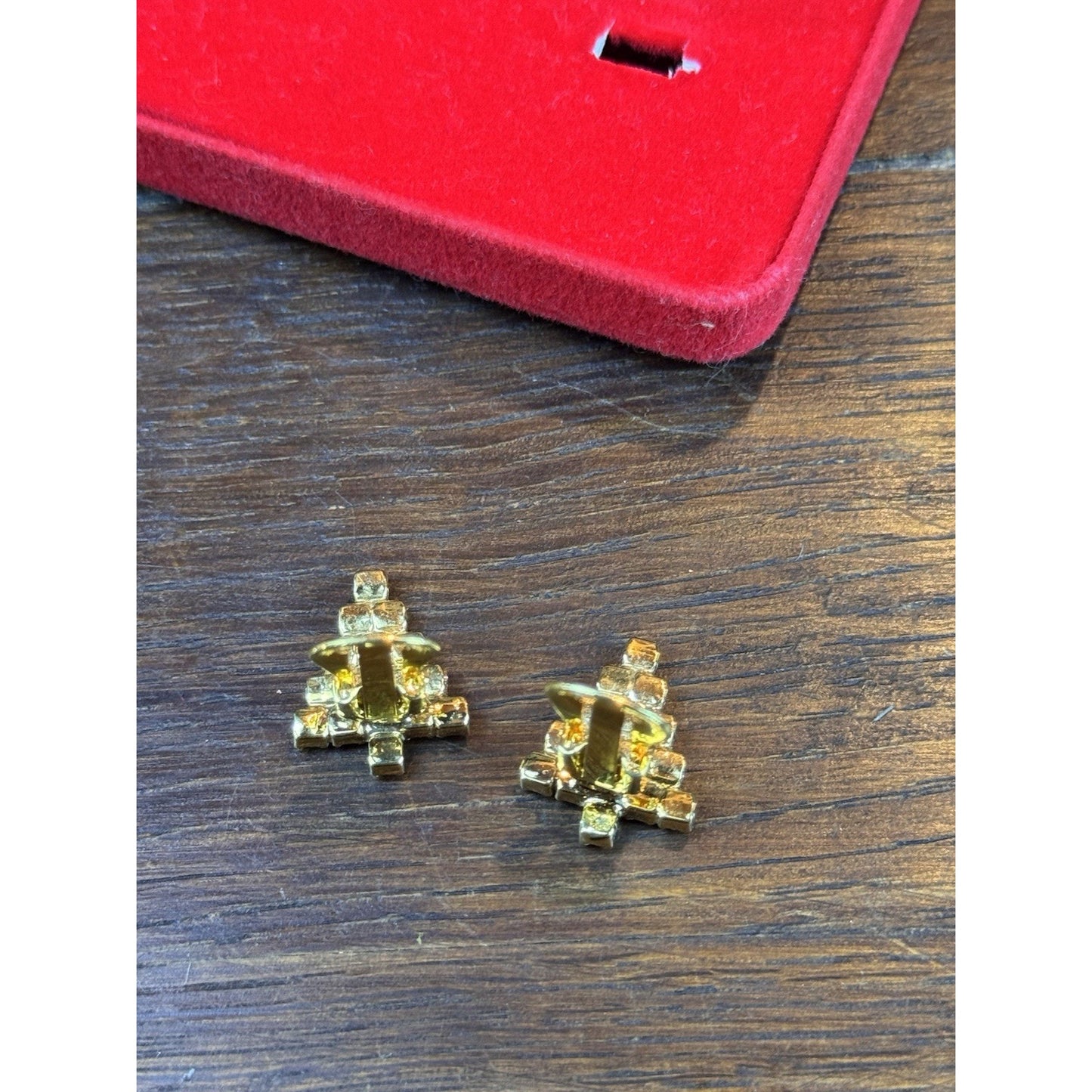 Christmas Tree Earrings .75” Clip On Goldtone Rhinestone Holiday Jewelry