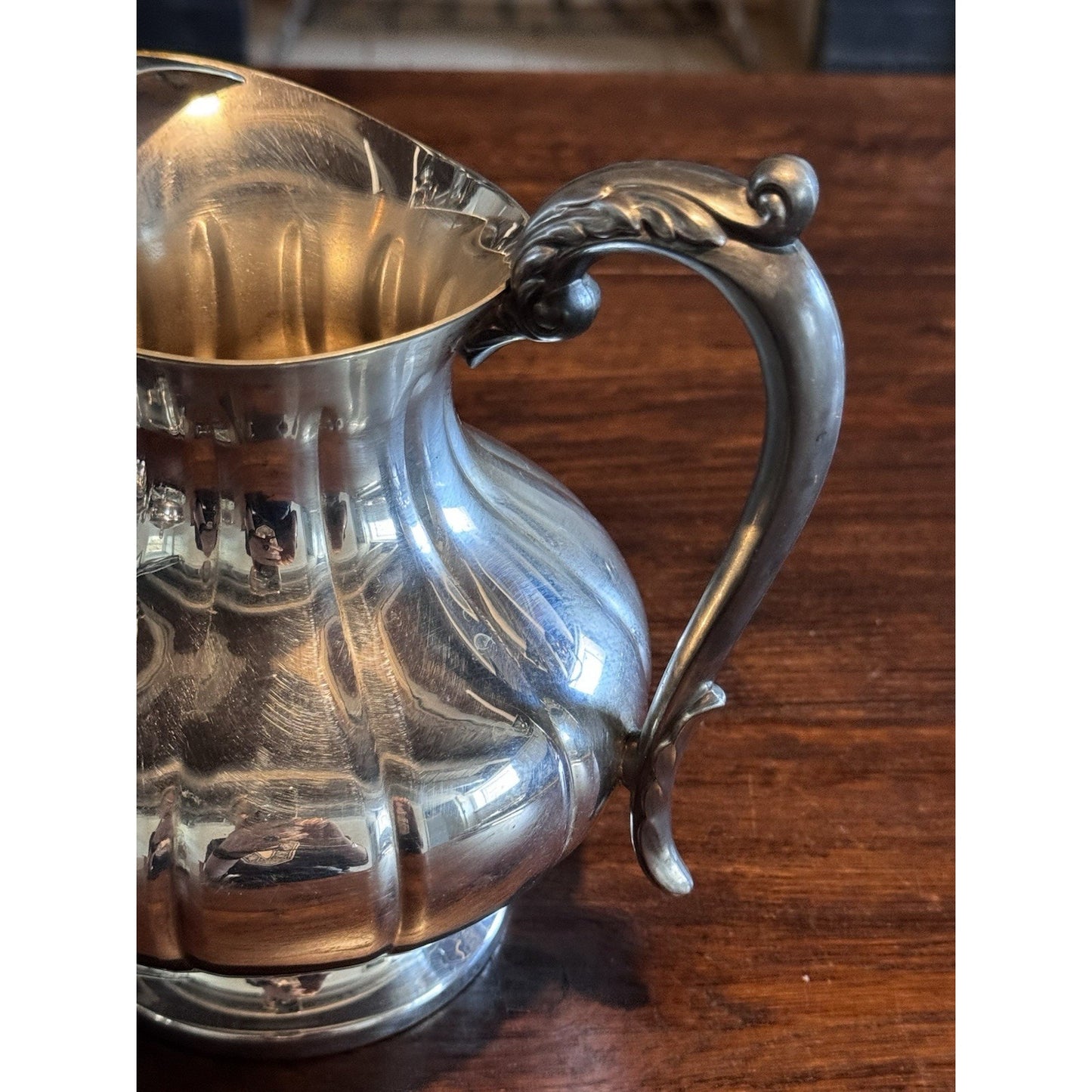 Silverplate Pitcher Ice Lip Chippendale Style Water Jug Barware 8” Vintage