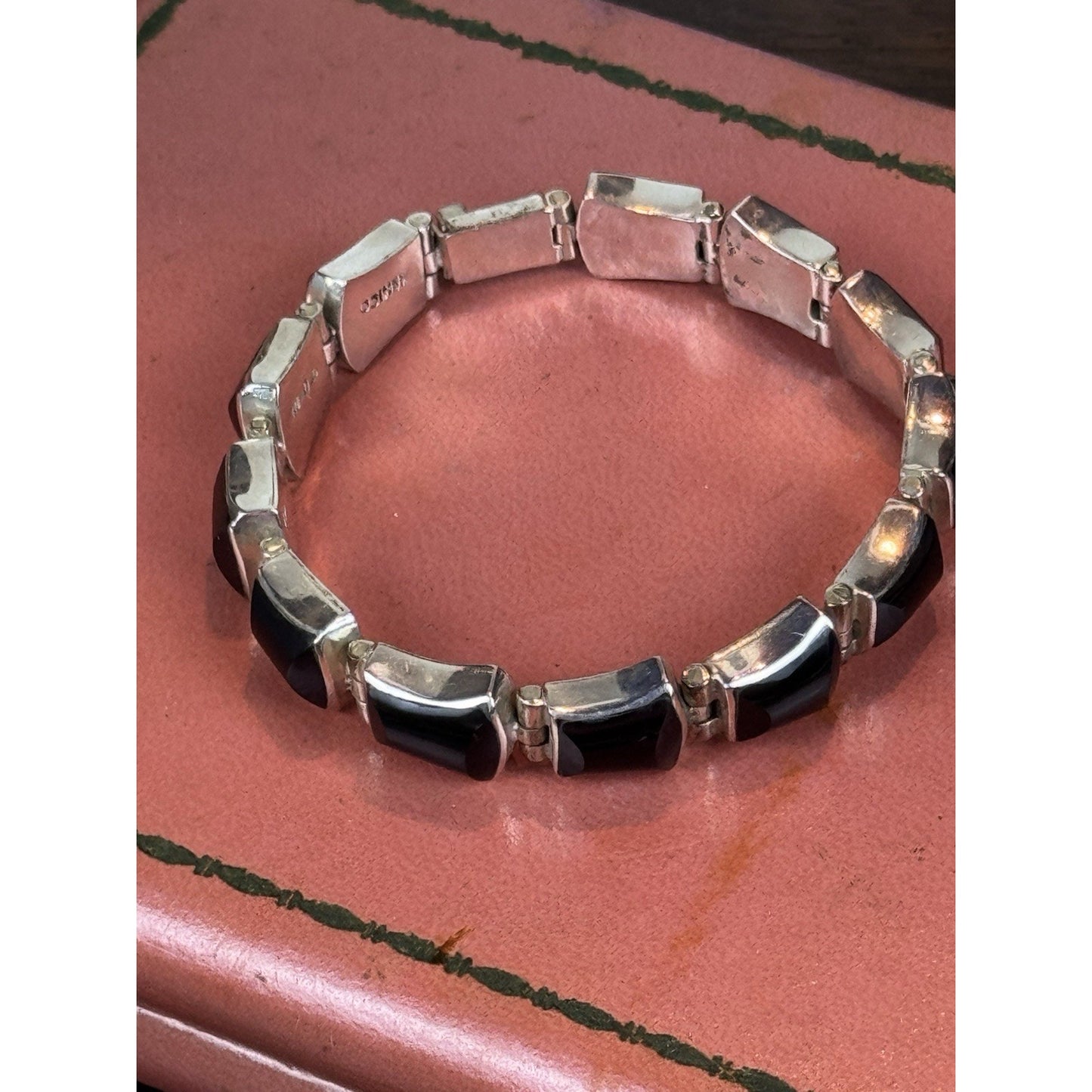 Vintage Mexico 950 Silver Bracelet Black Onyx Articulated Link 7” Modernist
