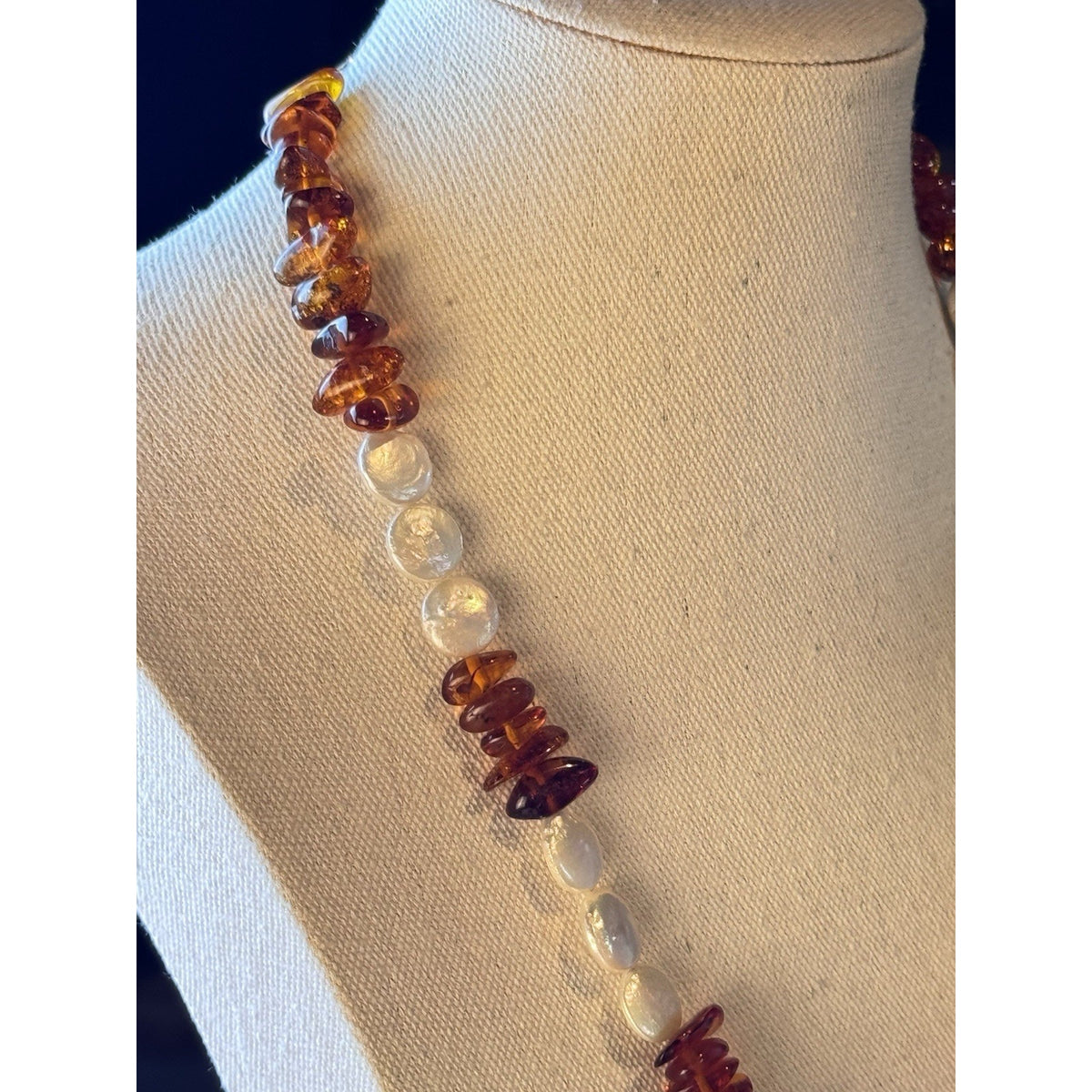 Amber Necklace Cultured Pearl Coin Nugget Beads Silvertone Lobster Clasp 22”