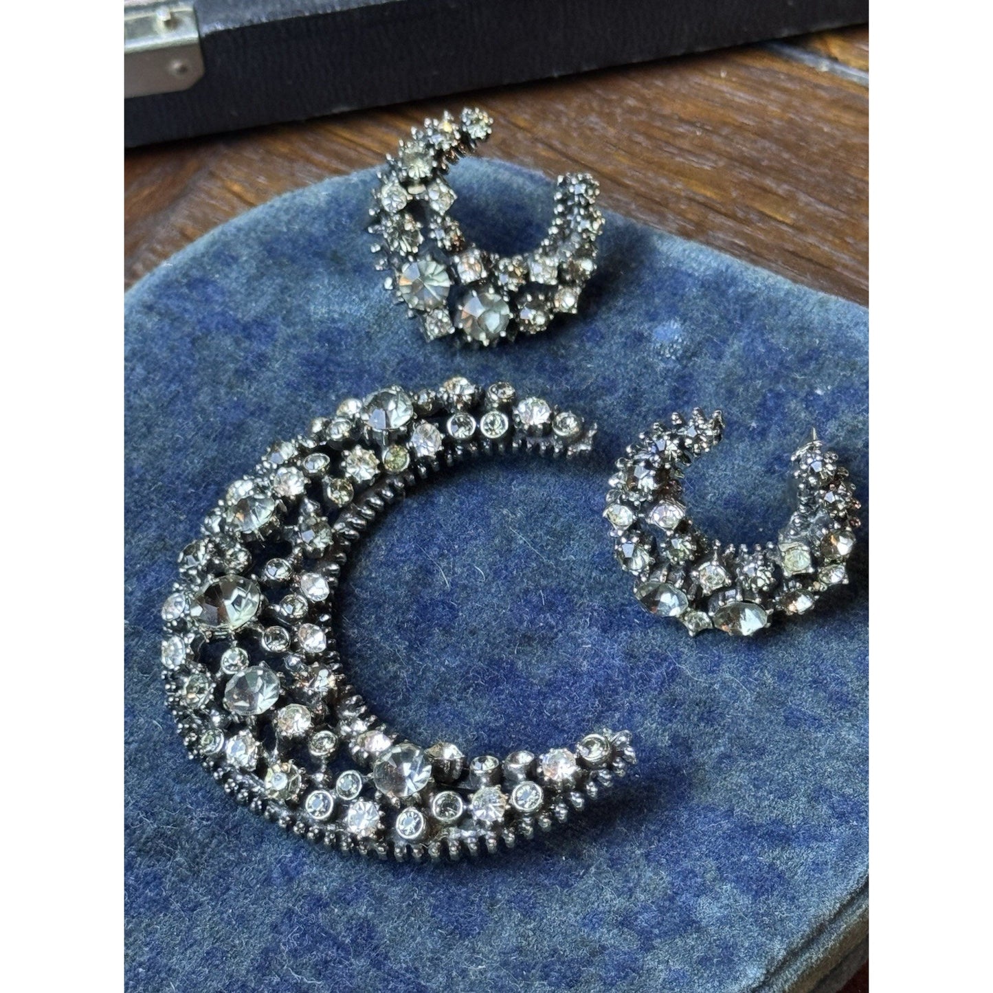 Vintage Rhinestone Crescent Moon Brooch Earrings Set Gray Clear Clip-On 3 Pc