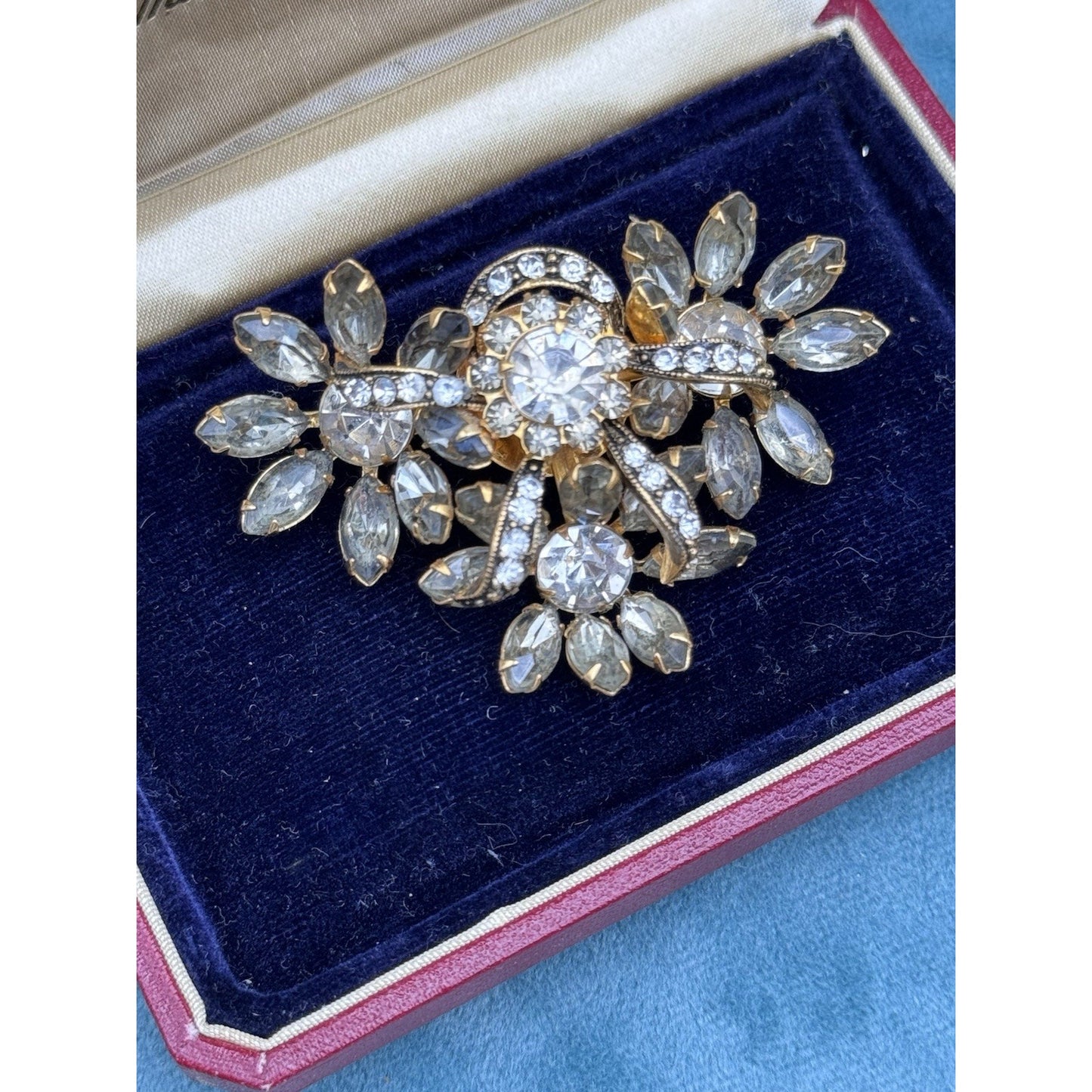 Vintage Brooch Rhinestone Goldtone Gray Clear Floral Spray 2 3/8” Estate