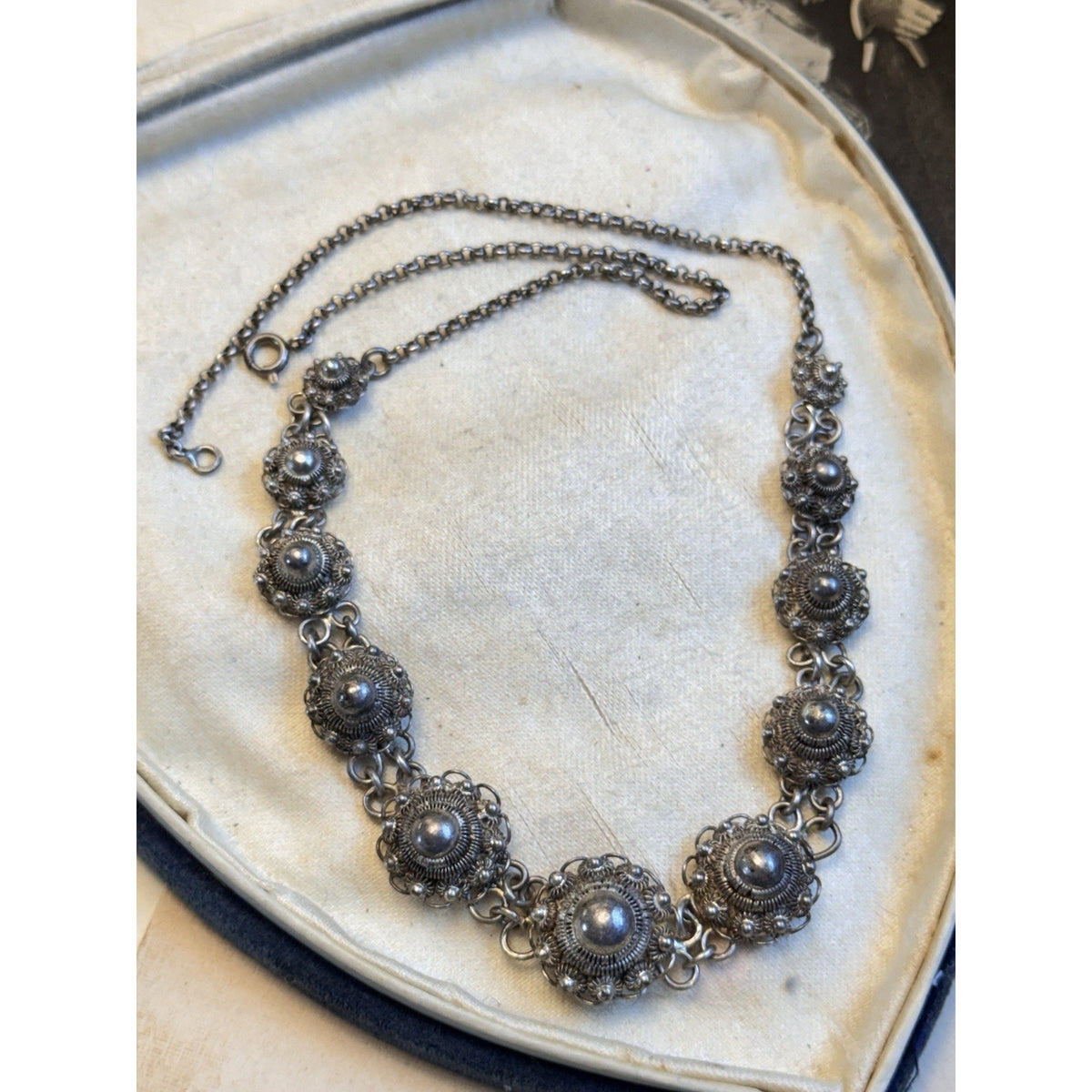 Dutch Button Necklace 835 Silver Filigree Graduated Floral Links Vintage 17.5”