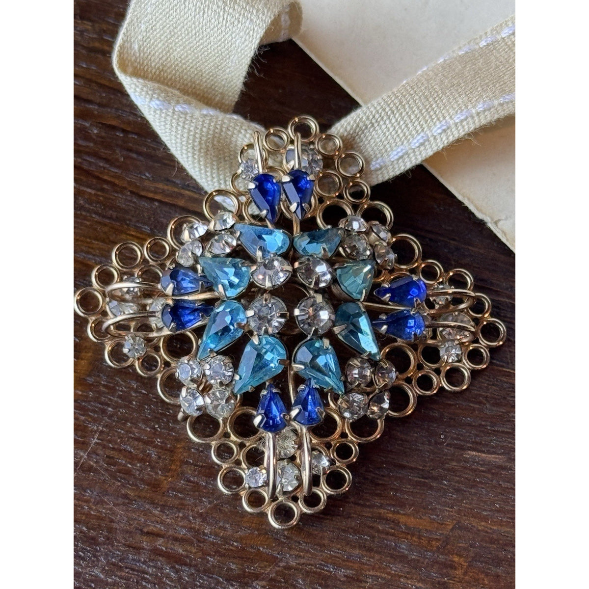 Deri Brooch Pendant Blue Rhinestone Gold Filled SIGNED 2” Vintage