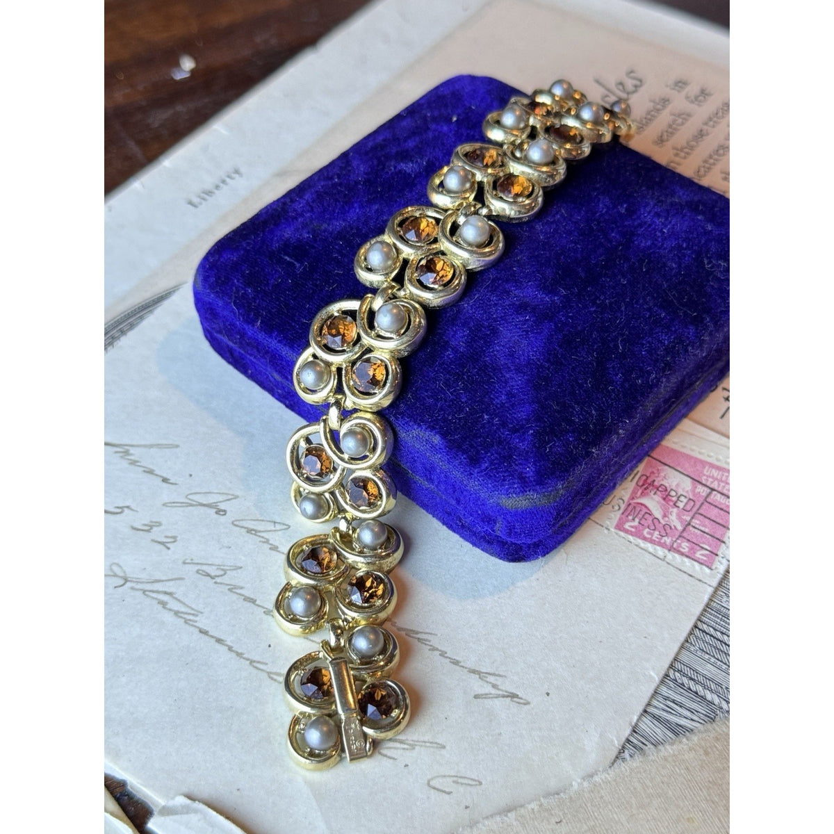 Trifari Bracelet Faux Pearl Brown Rhinestone Goldtone Signed 6.5” Vintage