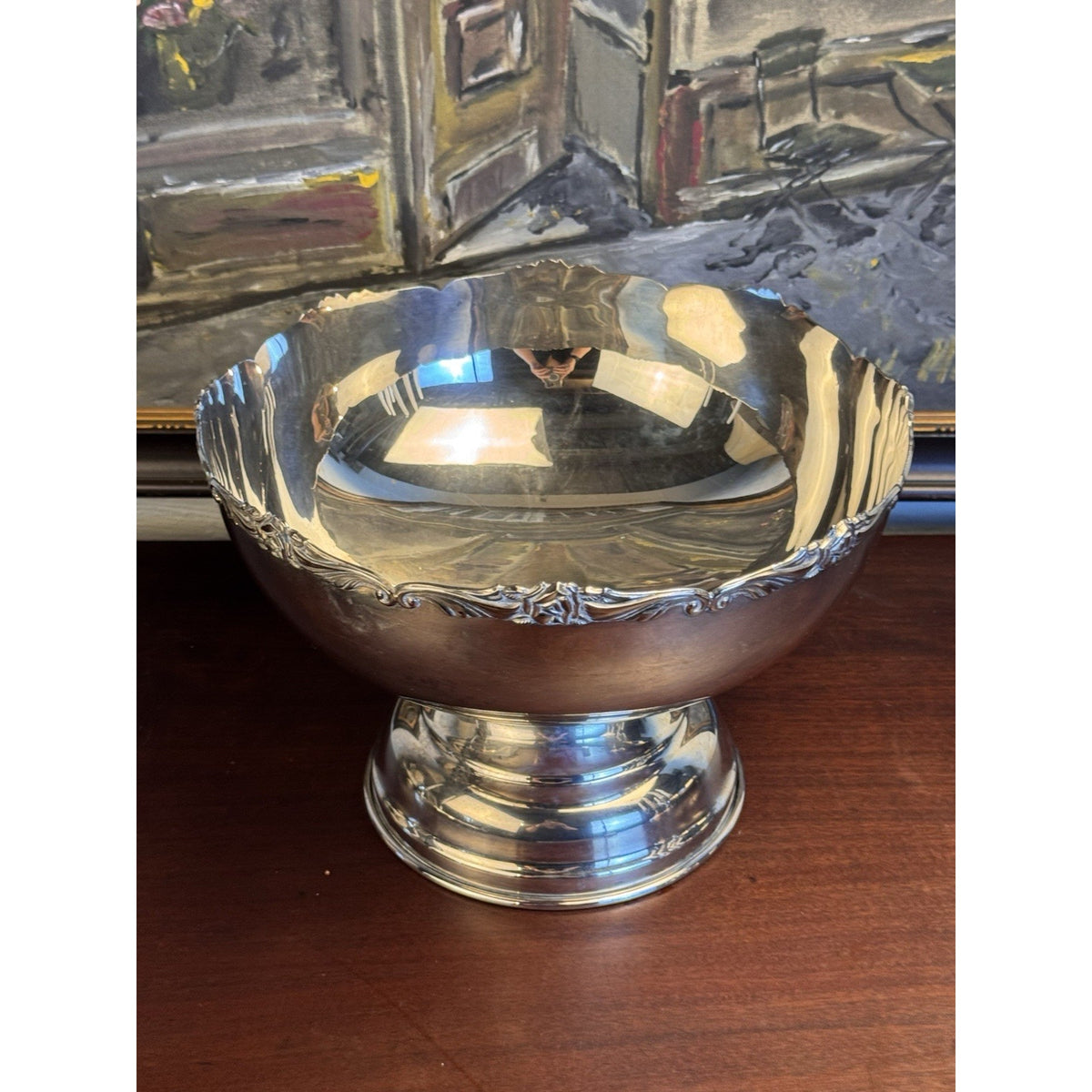 Silverplate Punch Bowl Footed Rose Edge Floral Design Elegant CENTERPIECE 12”