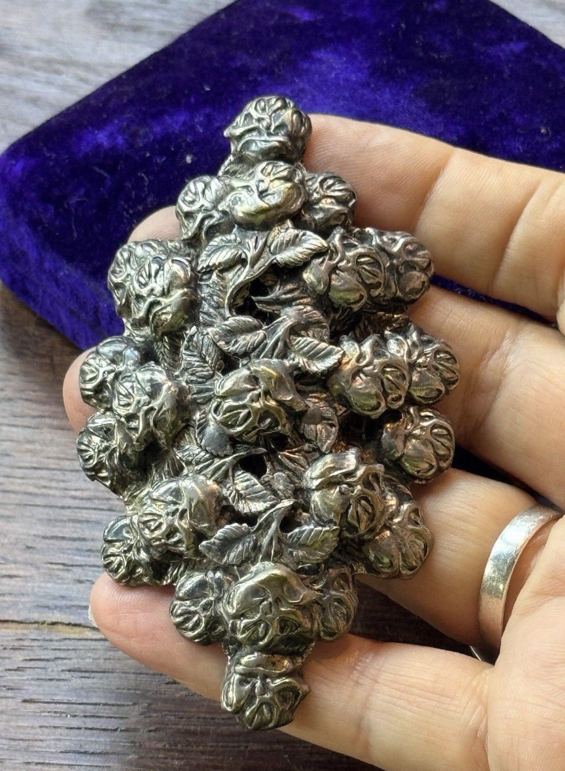 Vintage Brooch Silvertone Rose 3.5” Large Repoussé High Relief Floral Statement