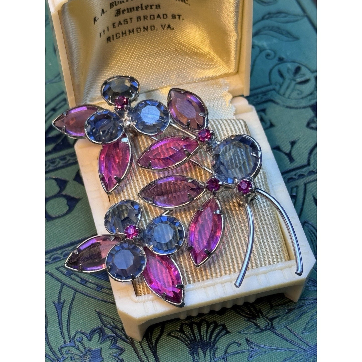 Vintage Blue Pink Rhinestone Flower Brooch Duo Set Silver Tone Floral Pins