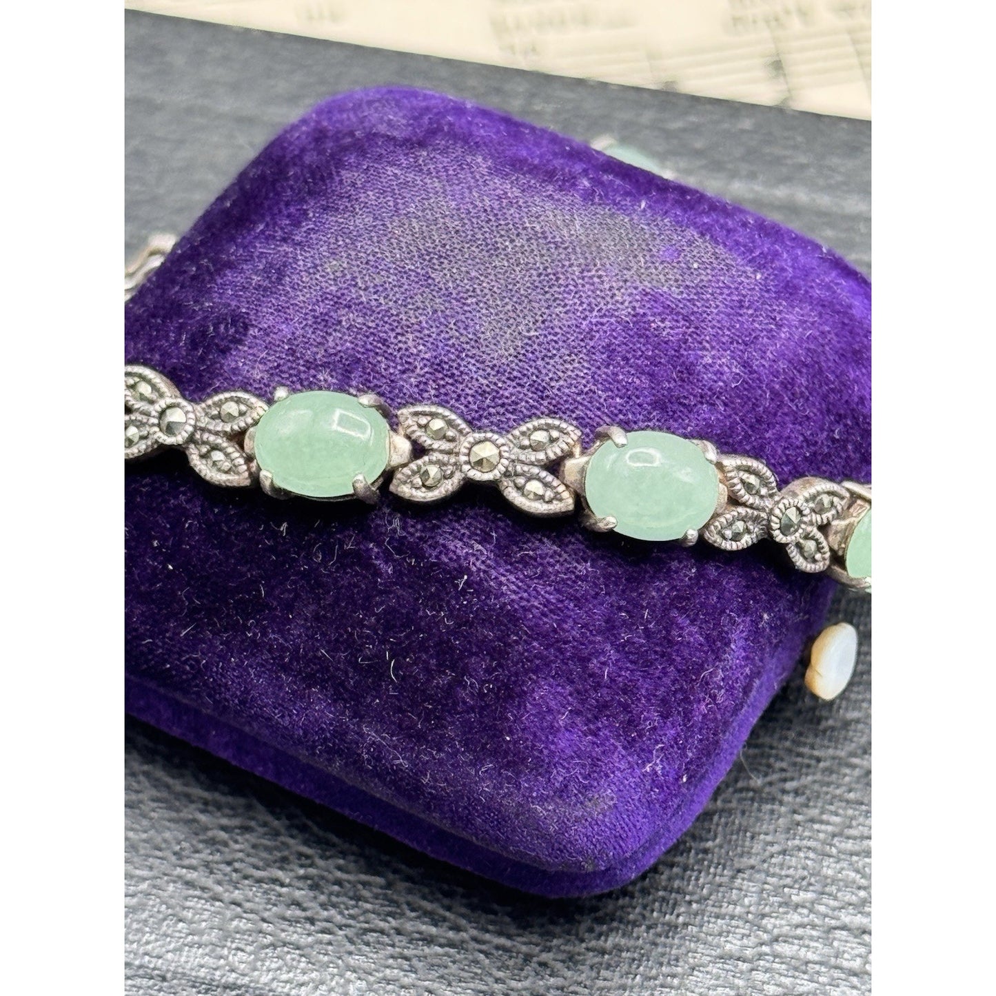 Sterling Bracelet Marcasite Green Cabochon Link 7.75” MISSING Marcasite‼️