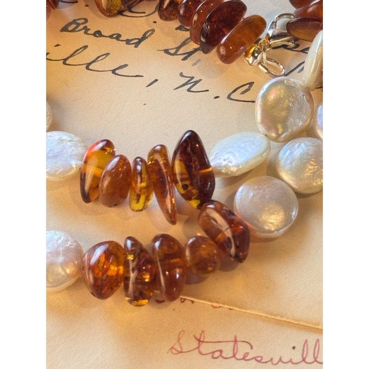 Amber Necklace Cultured Pearl Coin Nugget Beads Silvertone Lobster Clasp 22”