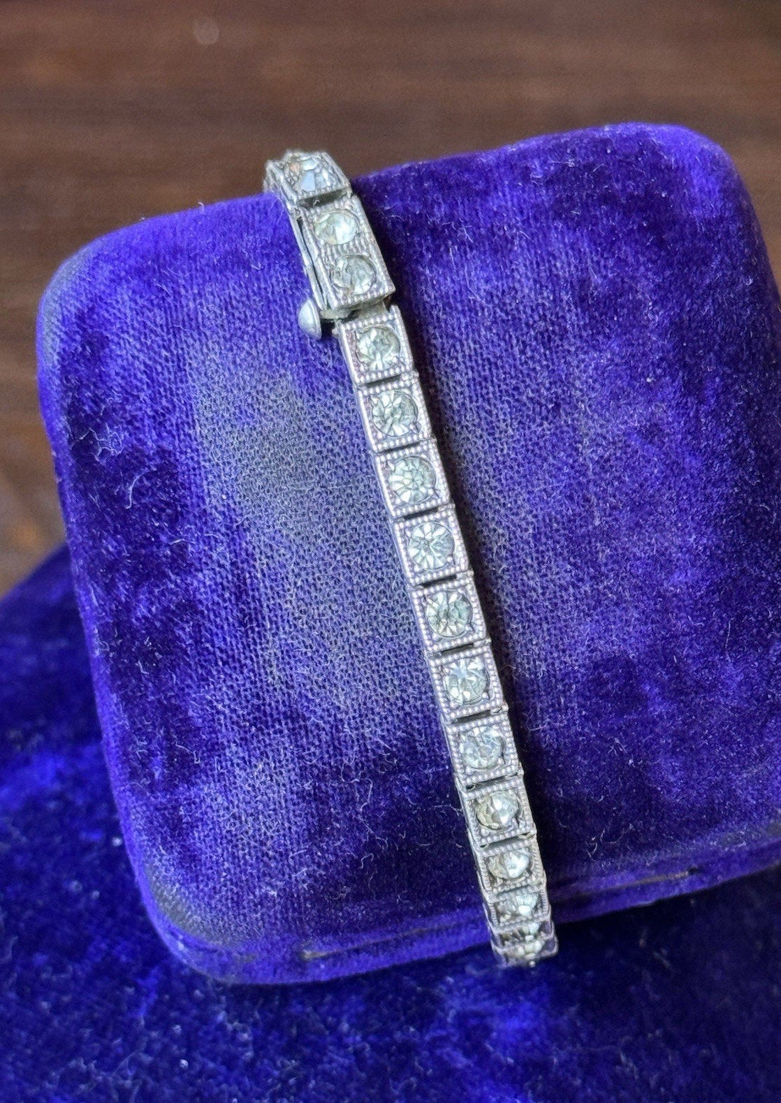 Antique Art Deco Sterling Rhinestone Tennis Bracelet Pat. 9.15.25 6.75”