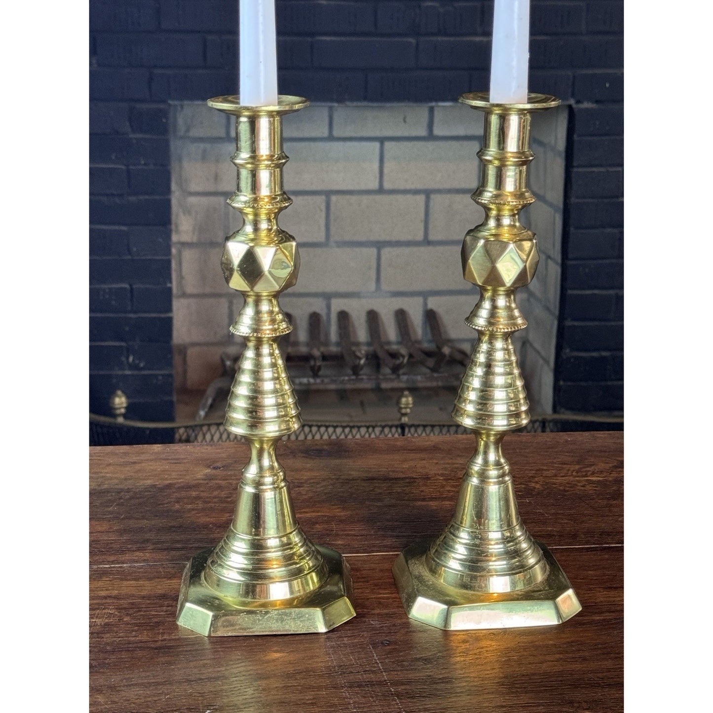Brass Victorian Style Beehive Candlesticks Push-Up Made in England 11.5” Pair