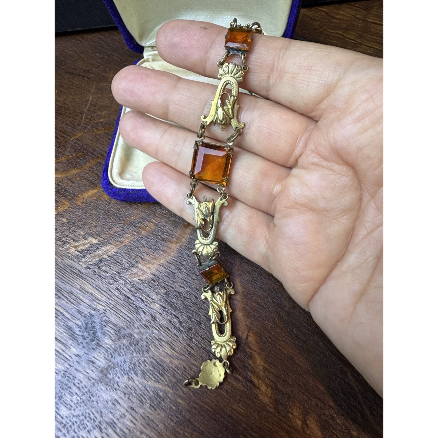 Antique Czech Bracelet Ambertone Paste Art Nouveau Goldtone Floral Links 7.25”