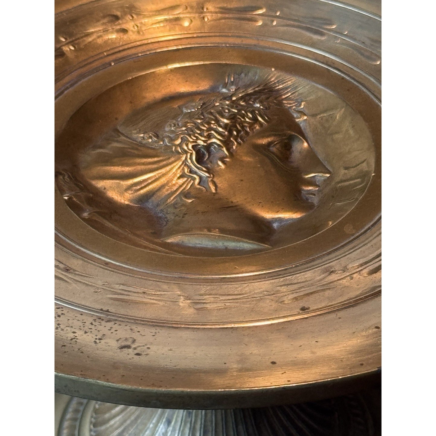 Antique Brass Tazza Compote Classical Medallion Pedestal Dish 14” Handles