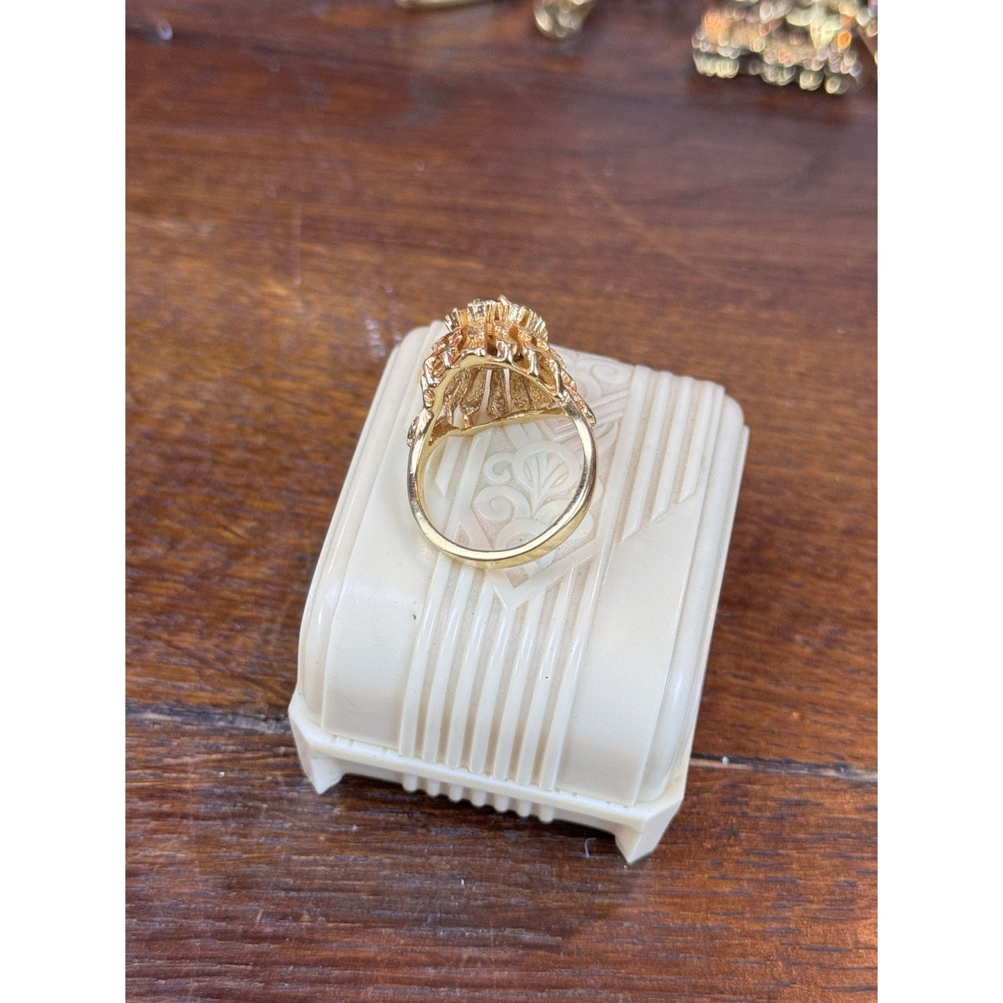 Cocktail Ring Size 8 Goldtone Brown Clear Rhinestone Statement Jewelry