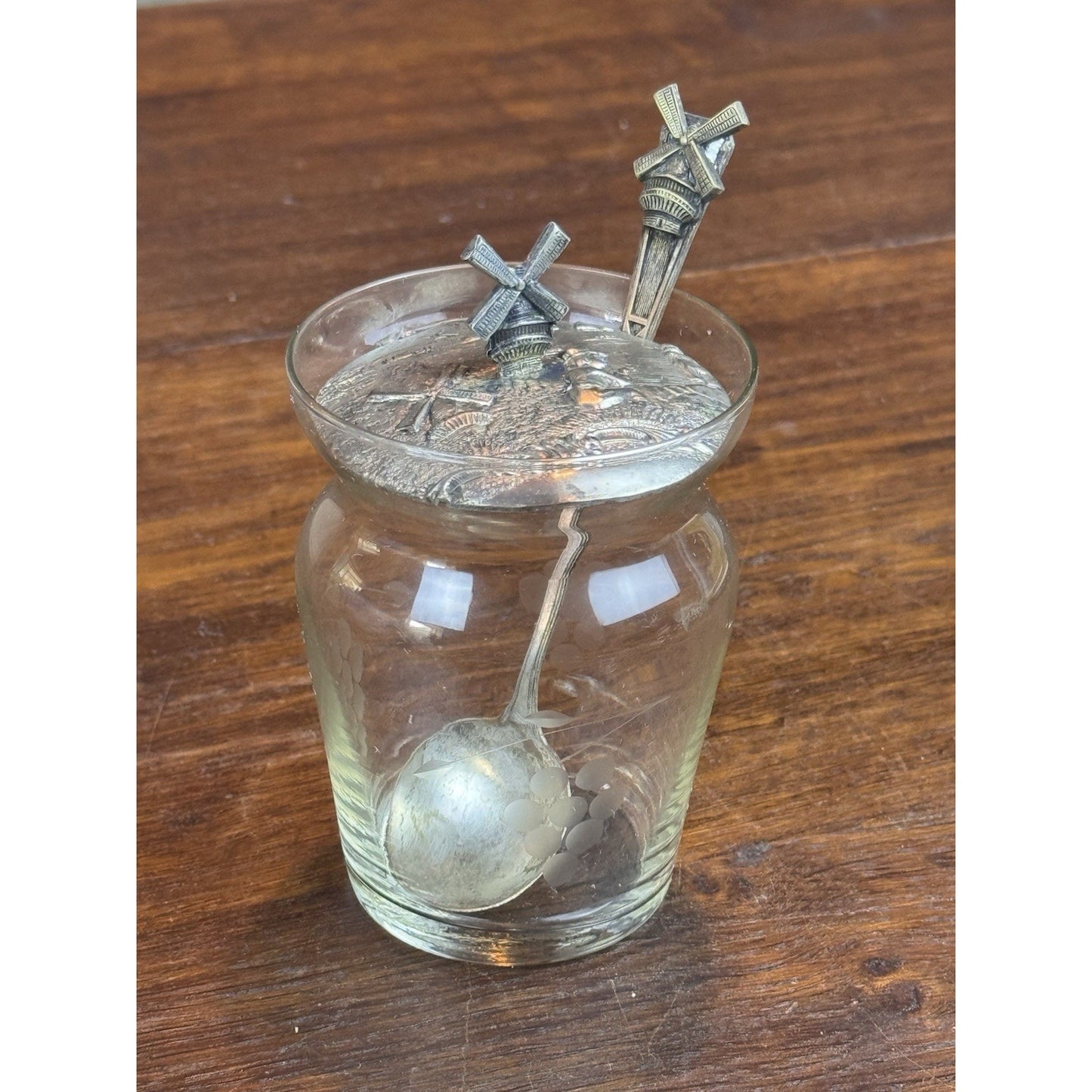 Vintage Dutch Windmill Silverplate Glass Confiture Jam Jar Matching Spoon