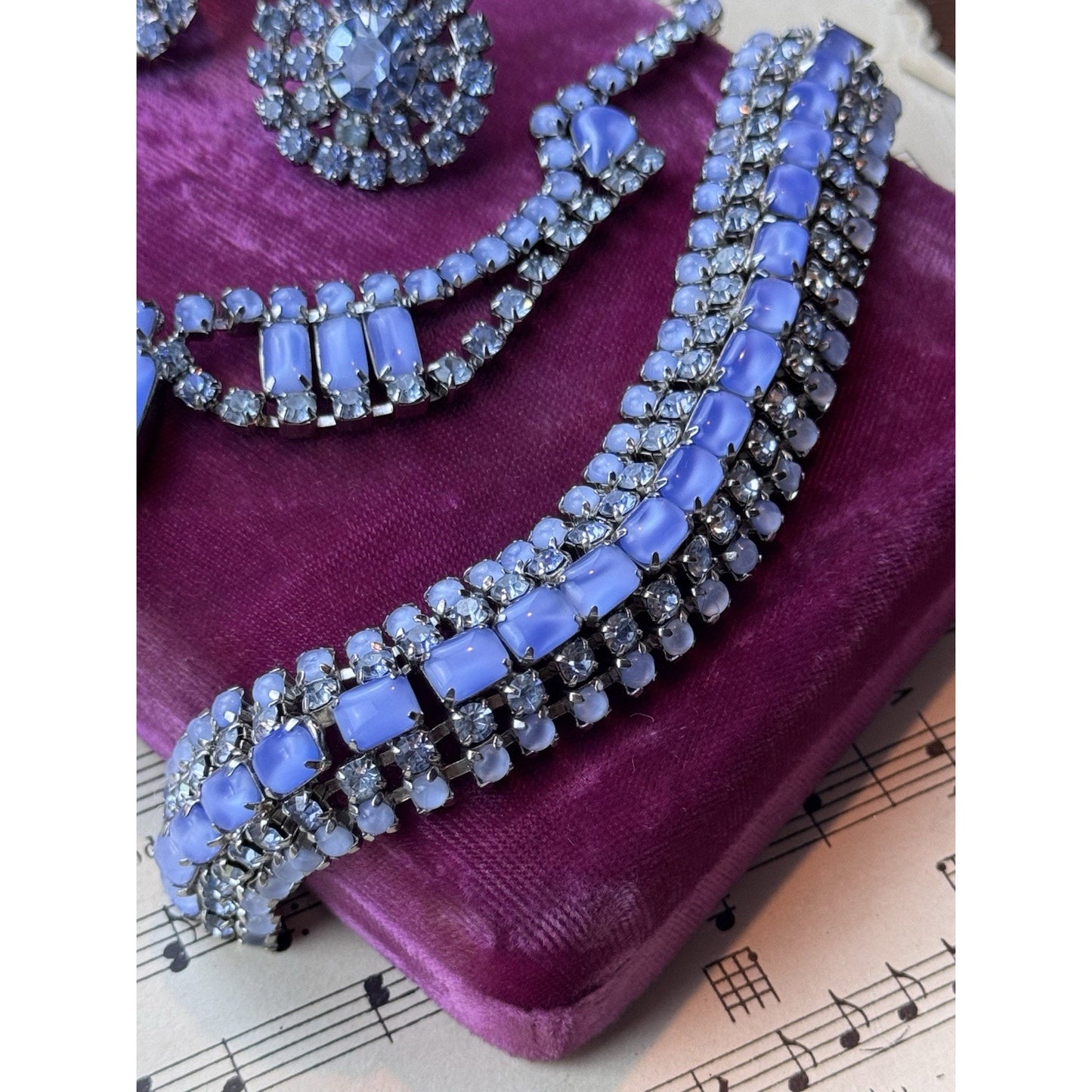 Joseph WARNER Jewelry Set Blue Rhinestone Lucite Necklace Bracelet Earrings