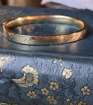 Gold-Filled Bangle Bracelet Engraved Leaf Design No Monogram Signed WEH GF 6.75”