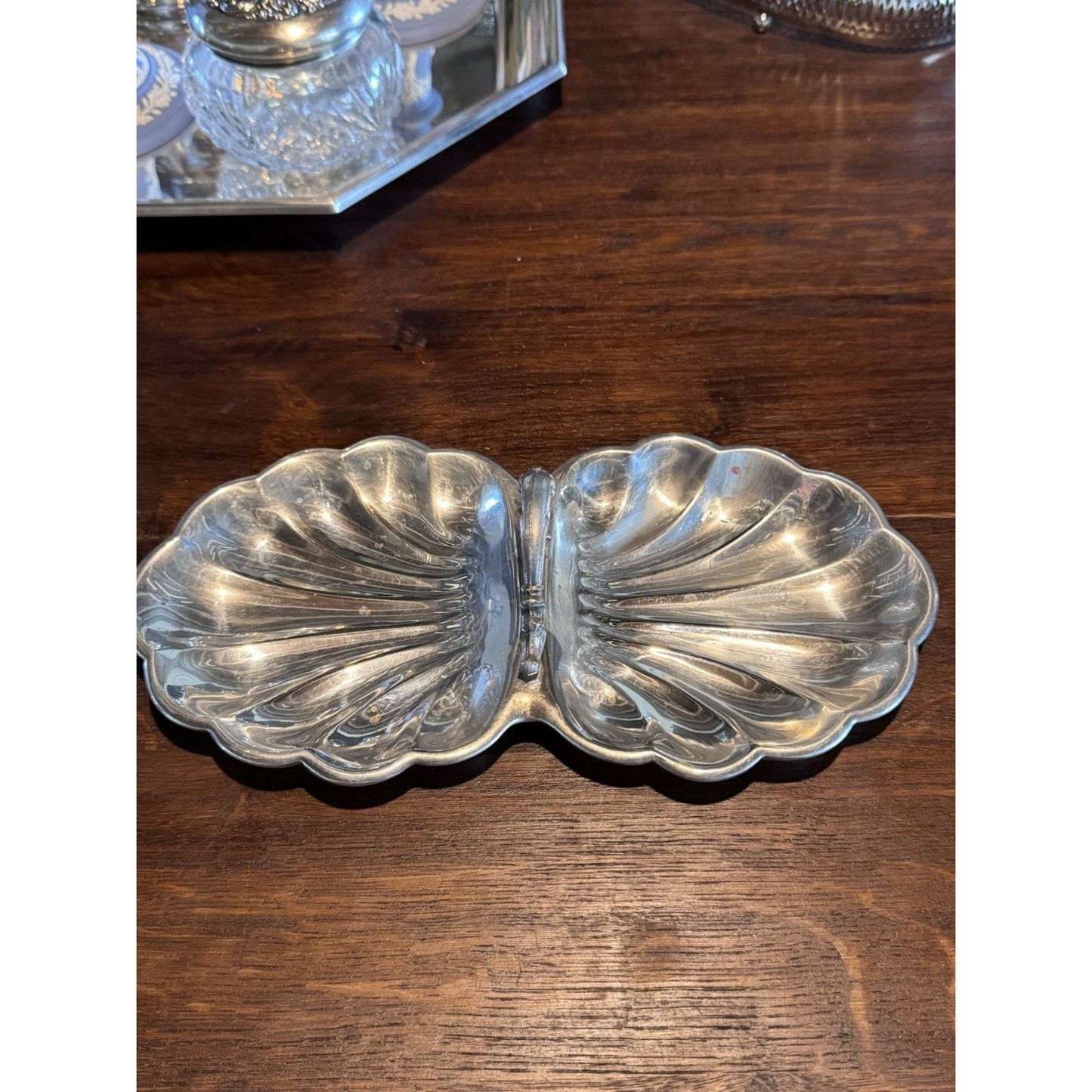Silverplate Double Shell Dish Nut Candy Relish Bowl Serving Dish 10.75” Vintage