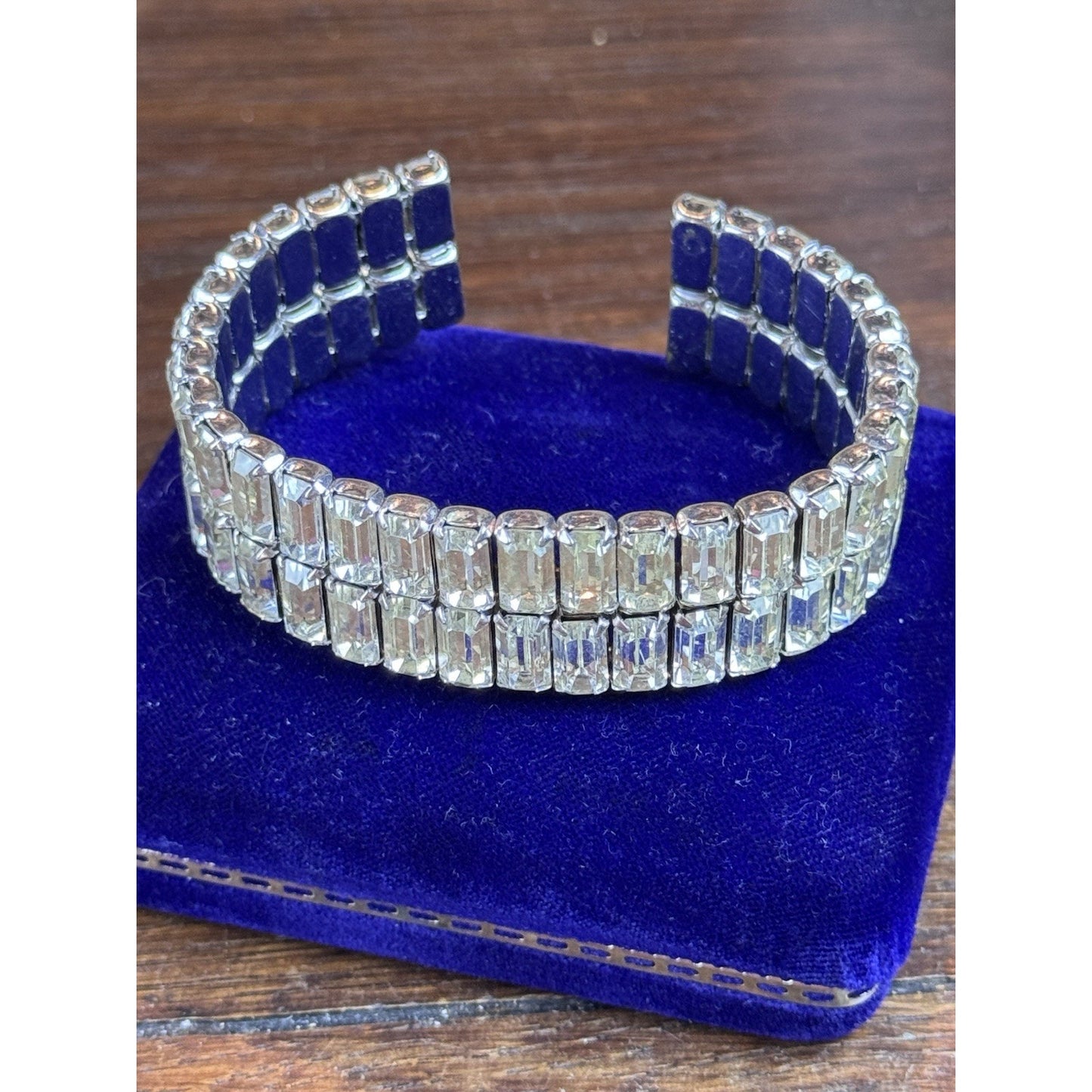 Weiss Rhinestone Cuff Bracelet Baguette Crystal Silvertone Signed 7” VINTAGE