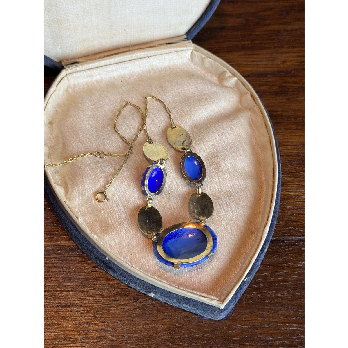 Vintage Czech Necklace Blue Pressed Glass Floral Enamel Goldtone Art Deco 16”