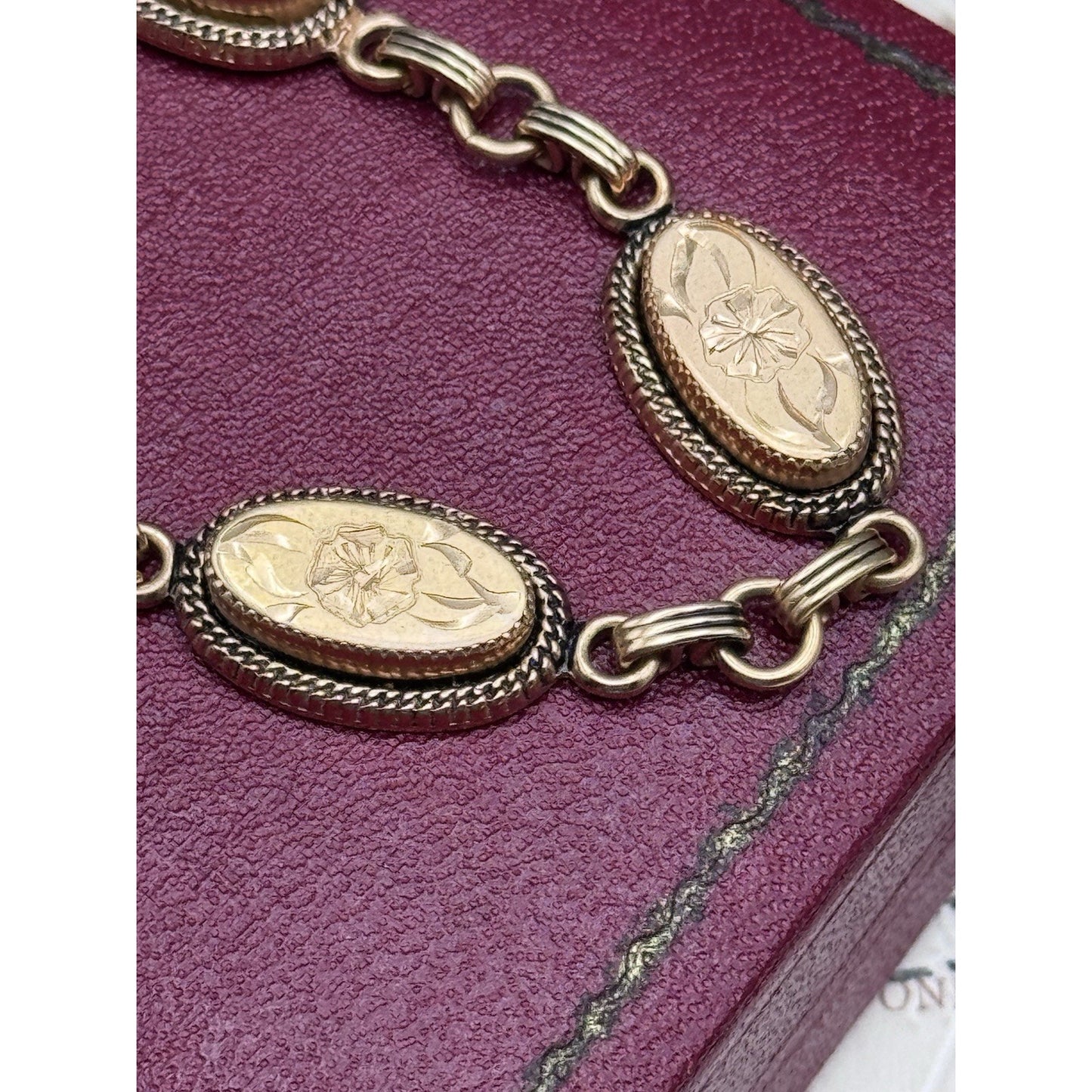 Vintage Gold Filled Floral Link Bracelet Victorian Style Safety Chain 7”